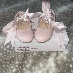 NWOT girls patent leather pink ballet flats with ribbon sz 7-toddler